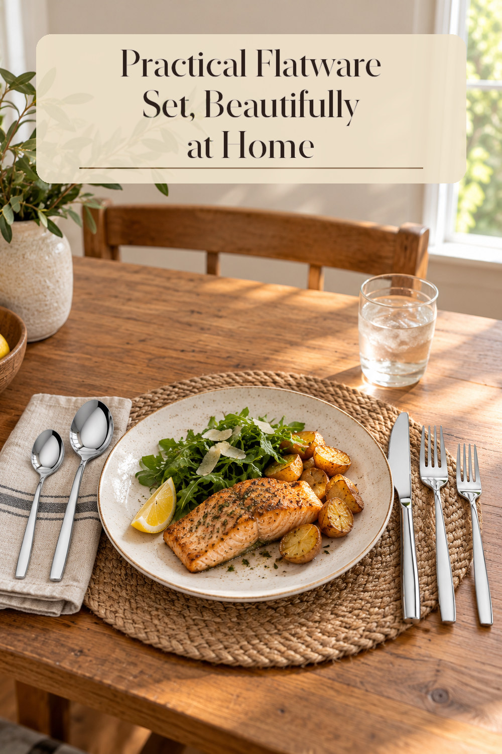 A realistic flatware set used naturally in a softly lit dining area at home.
