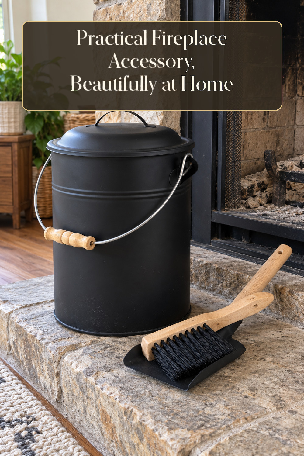 A realistic fireplace accessory used naturally in a softly lit living room hearth at home.
