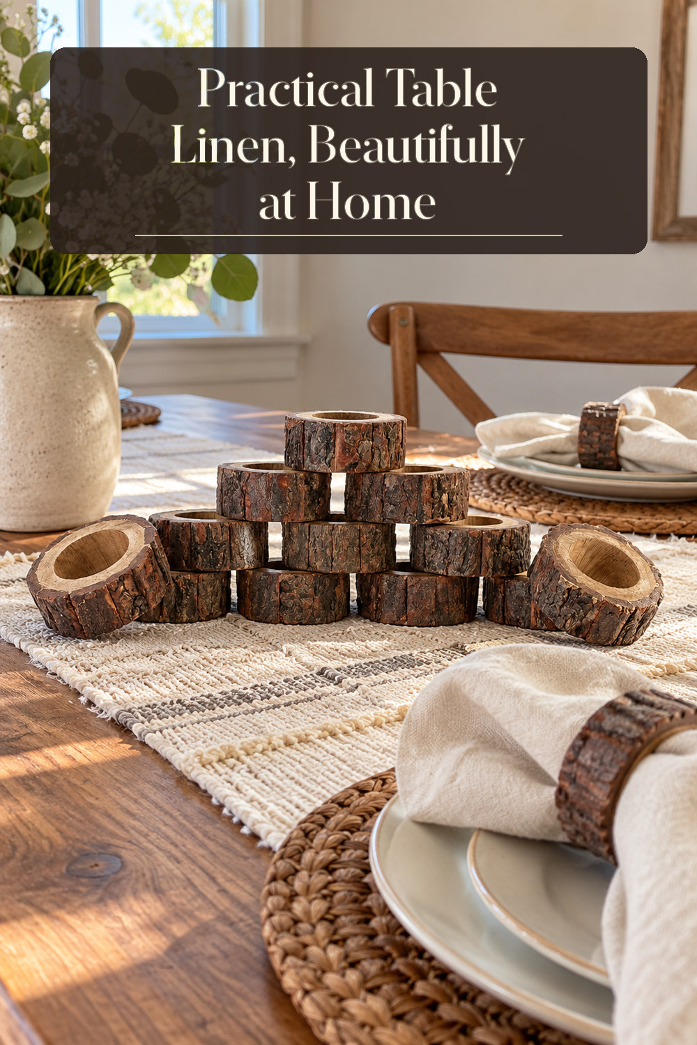 A realistic table linen used naturally in a softly lit dining room at home.