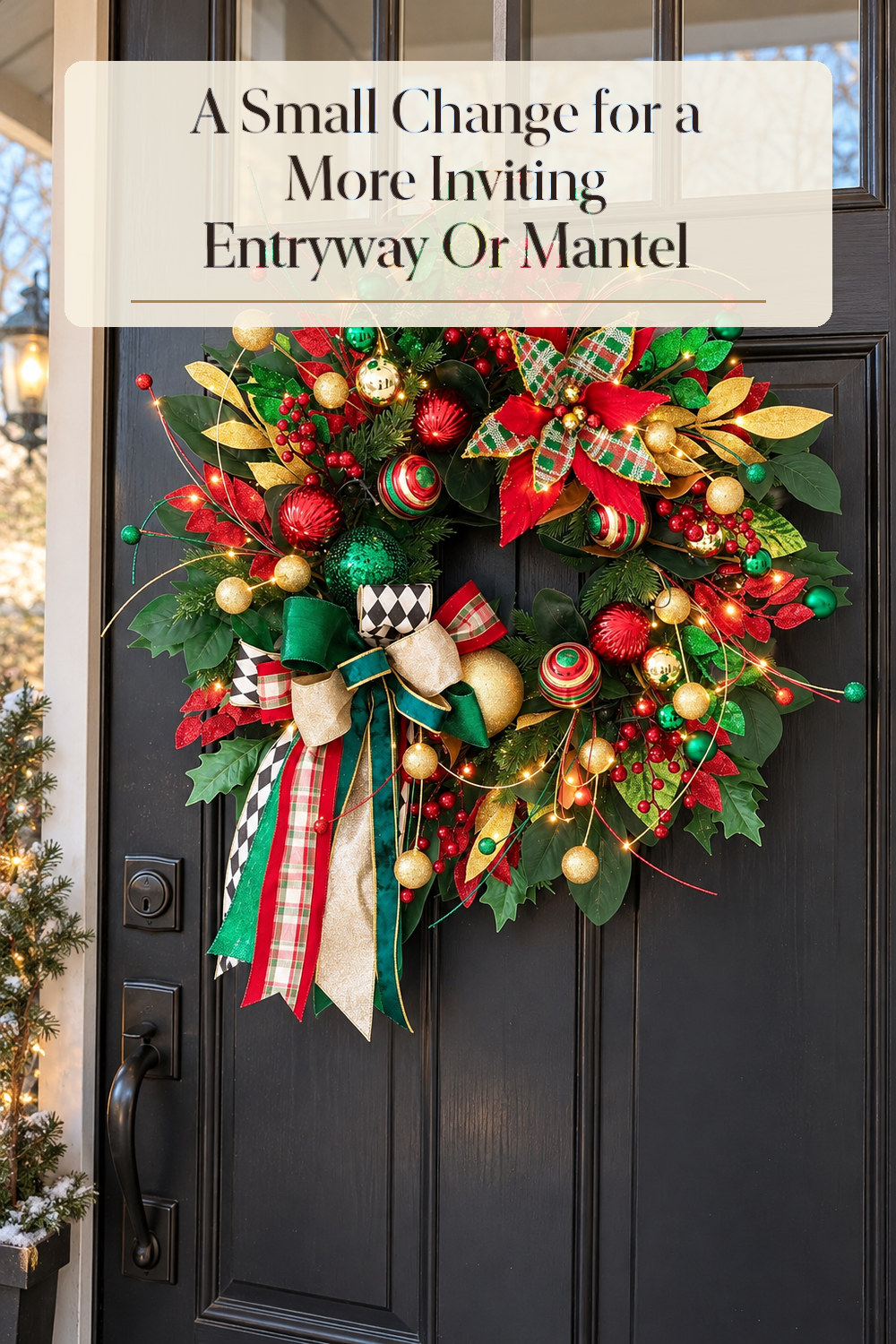 A realistic wreath or garland used naturally in a softly lit entryway or mantel at home.
