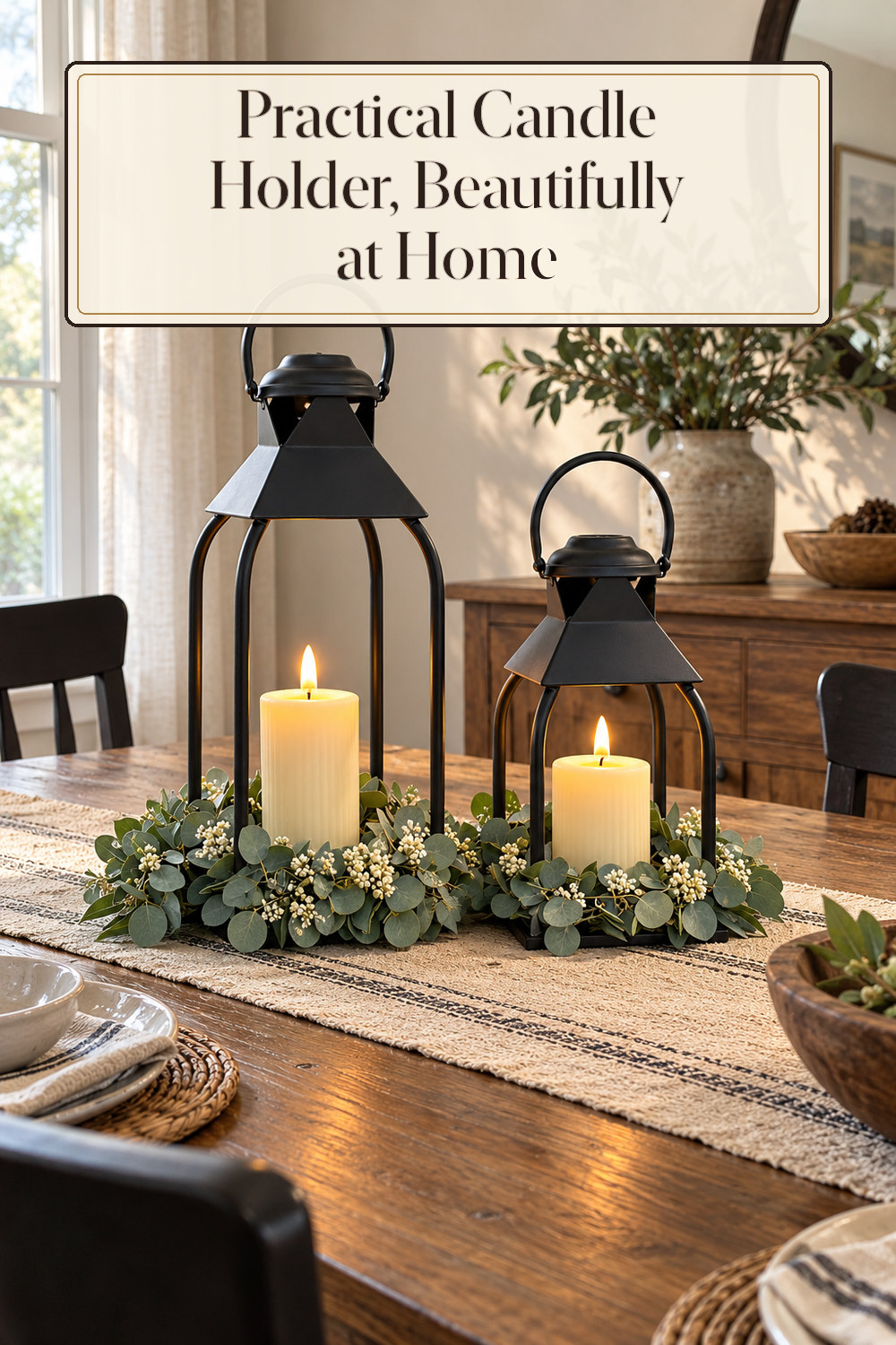 A realistic candle holder used naturally in a softly lit dining room at home.