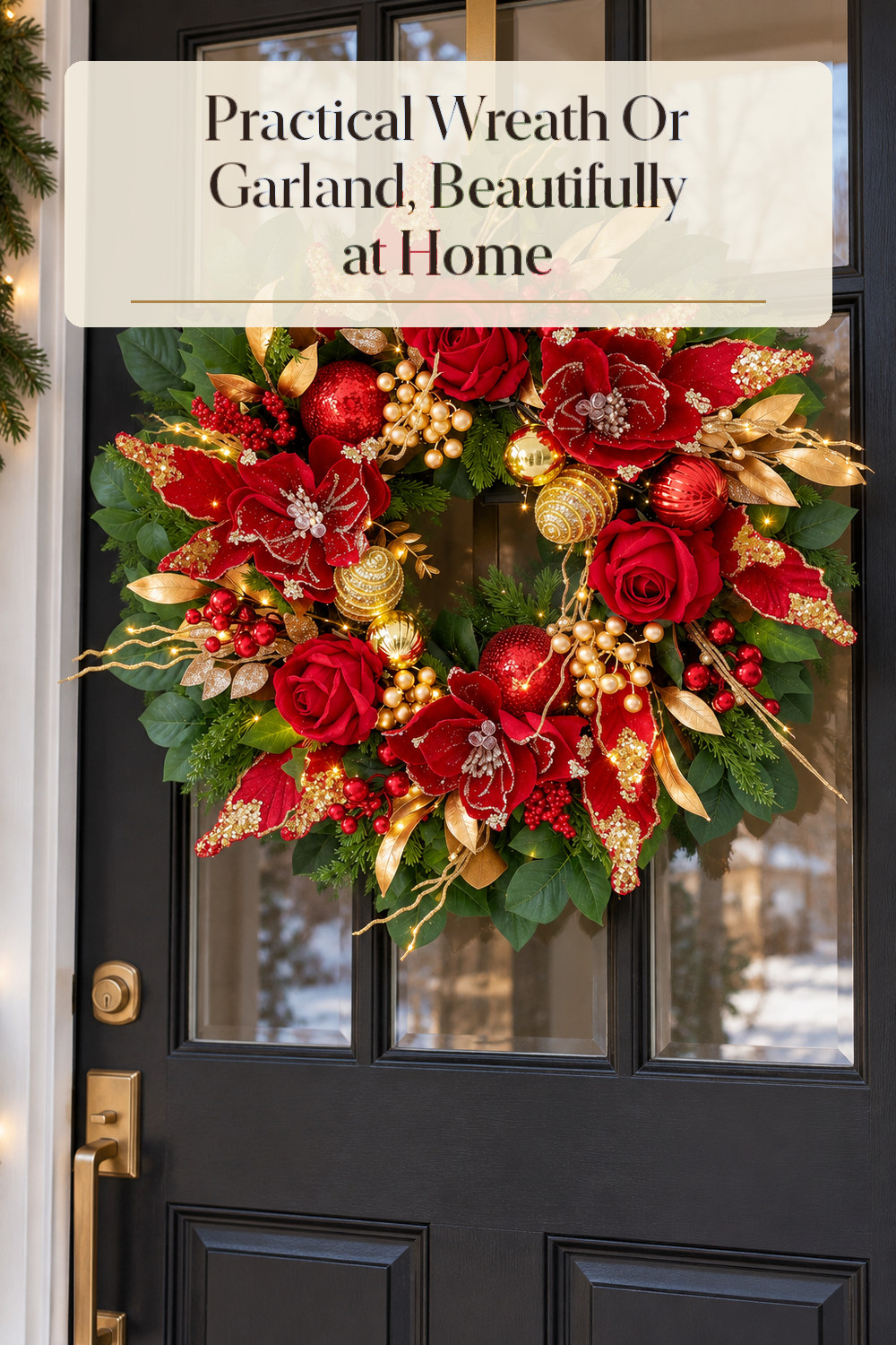 A realistic wreath or garland used naturally in a softly lit entryway or mantel at home.