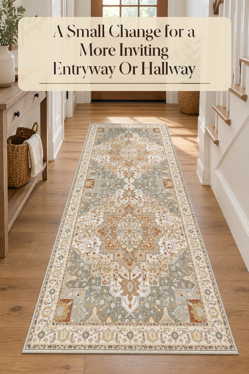 A realistic runner rug or doormat used naturally in a softly lit entryway or hallway at home.
