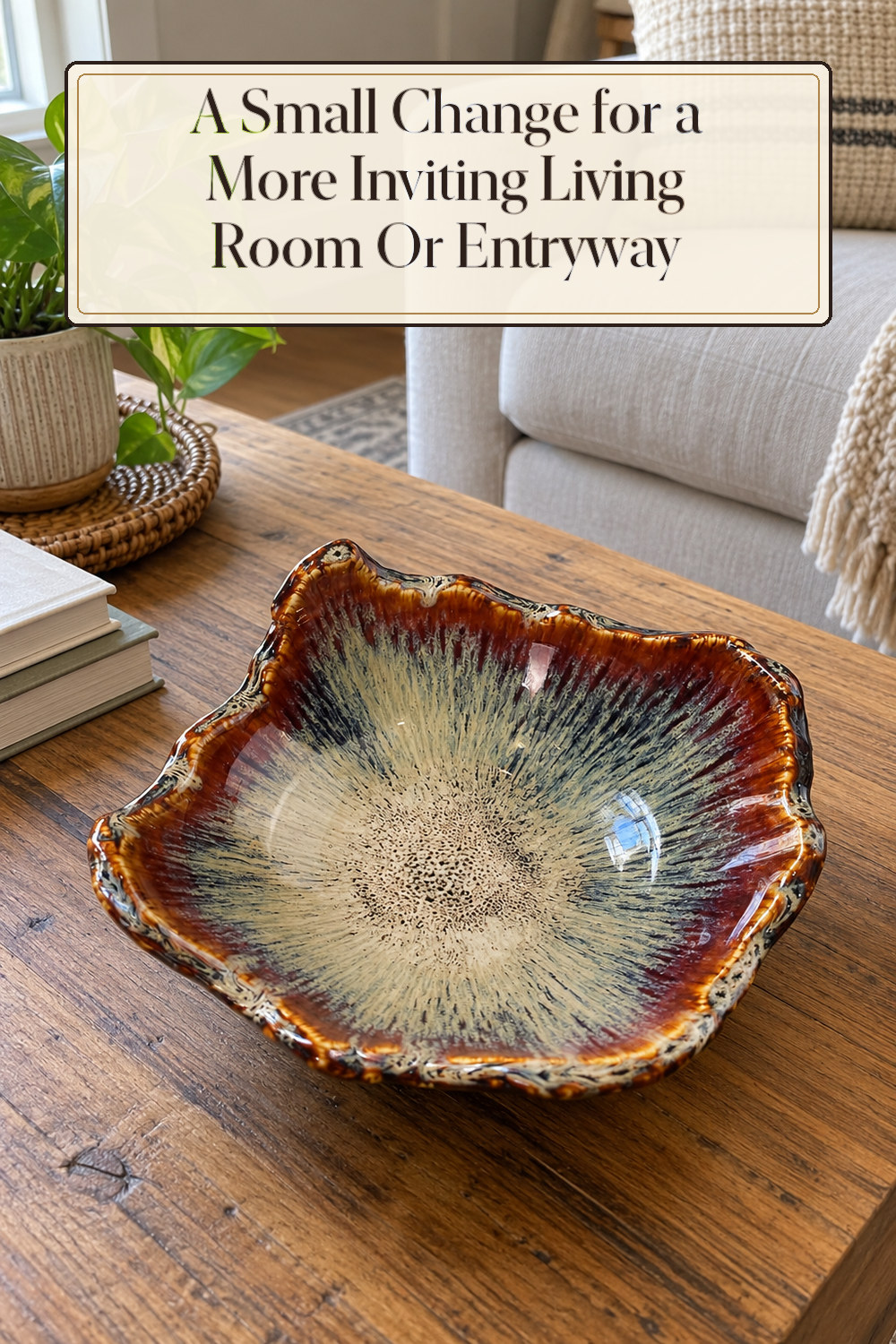 A realistic decorative bowl used naturally in a softly lit living room or entryway at home.