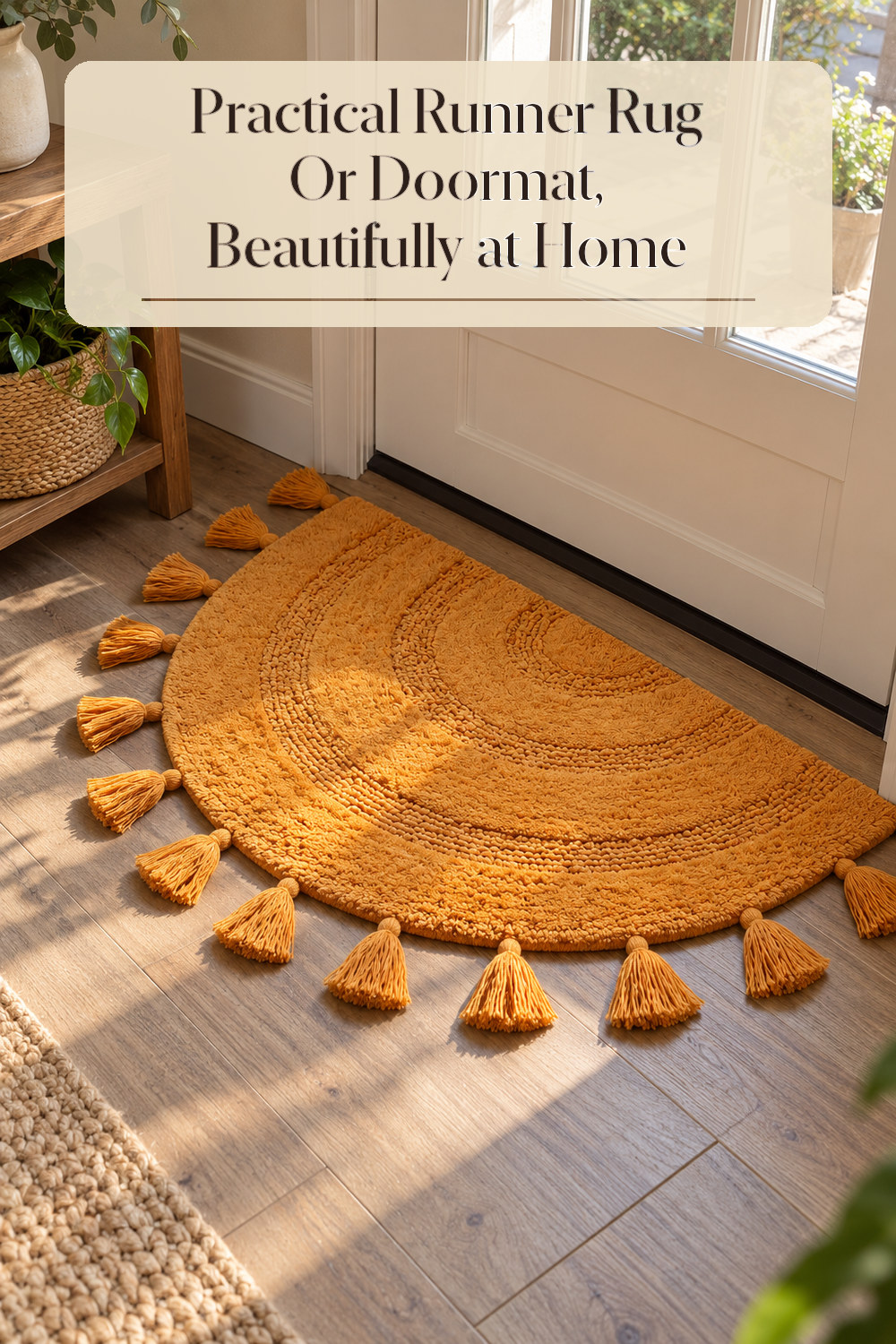 A realistic runner rug or doormat used naturally in a softly lit entryway or hallway at home.