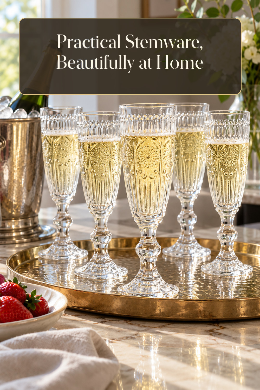 A realistic stemware used naturally in a softly lit home bar at home.