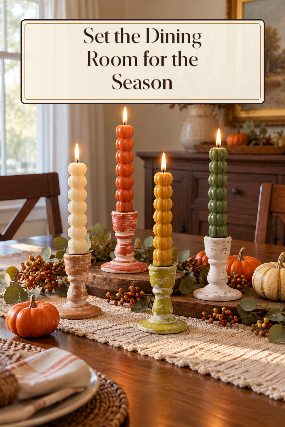 A realistic candle holder used naturally in a softly lit dining room at home.