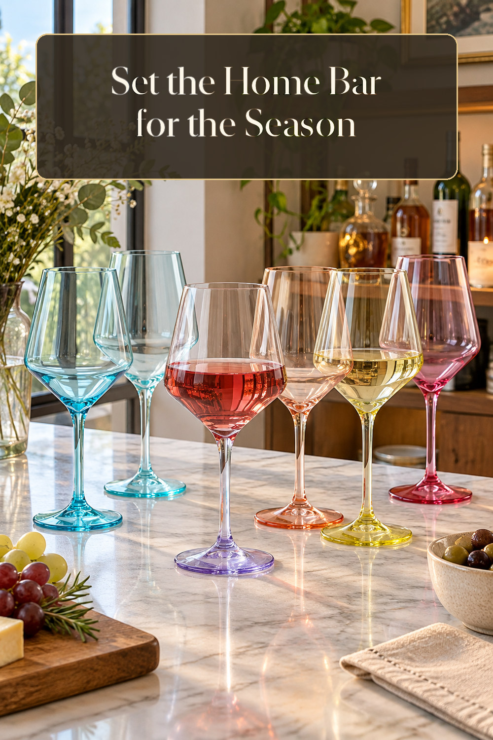 A realistic stemware used naturally in a softly lit home bar at home.