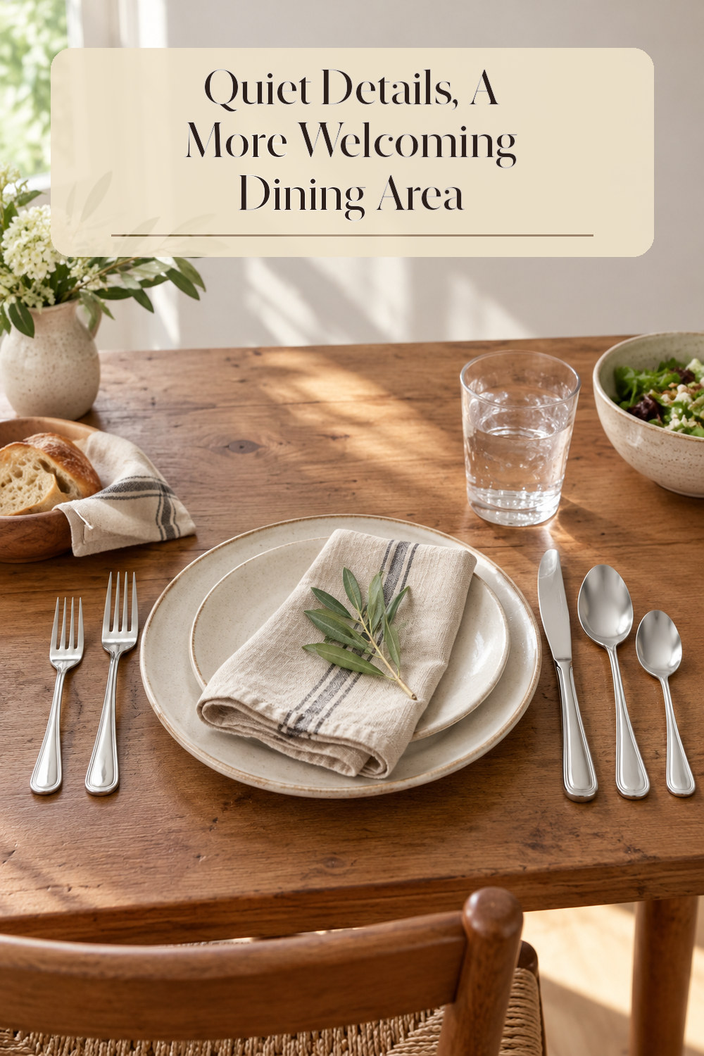A realistic flatware set used naturally in a softly lit dining area at home.