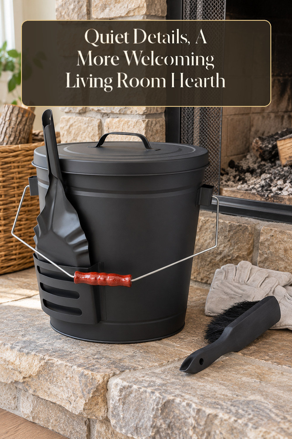A realistic fireplace accessory used naturally in a softly lit living room hearth at home.