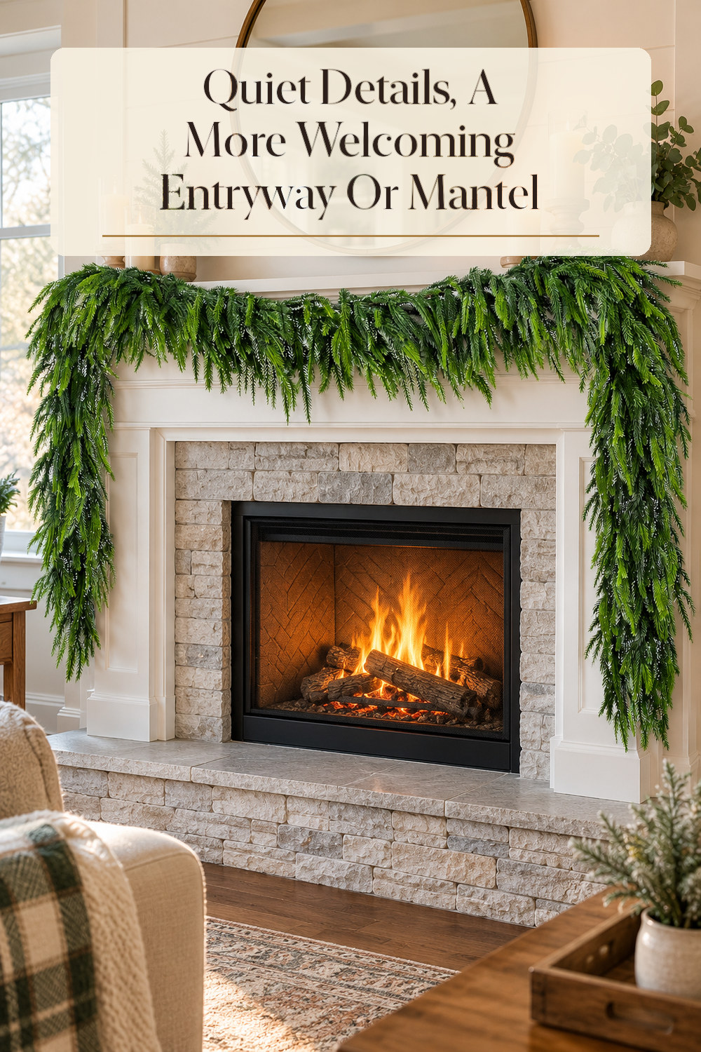 A realistic wreath or garland used naturally in a softly lit entryway or mantel at home.