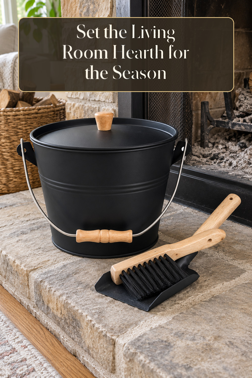 A realistic fireplace accessory used naturally in a softly lit living room hearth at home.