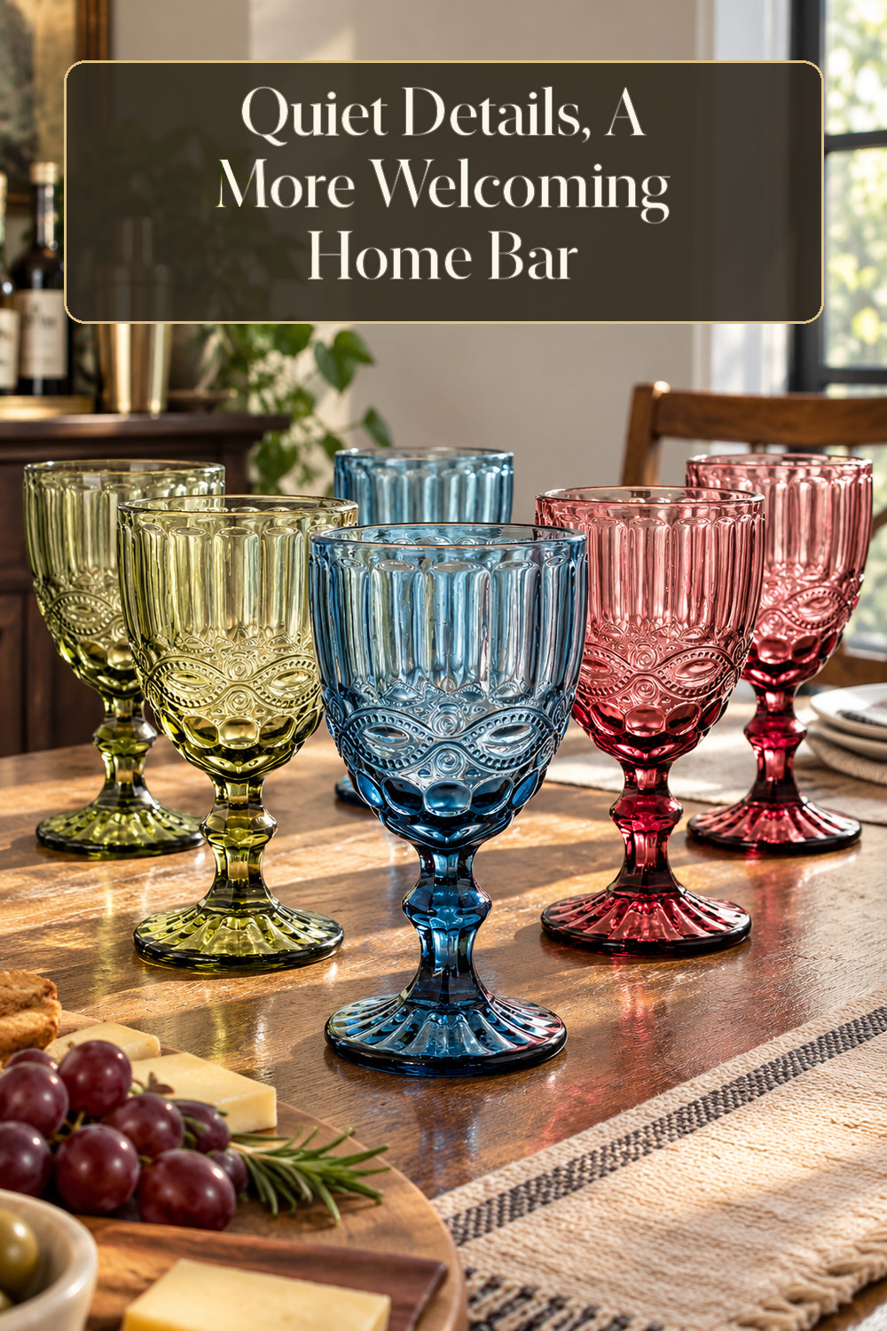 A realistic stemware used naturally in a softly lit home bar at home.