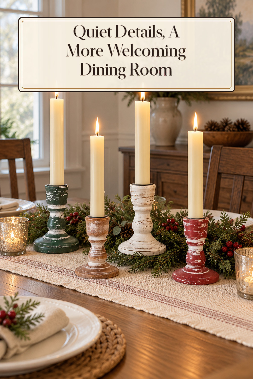 A realistic candle holder used naturally in a softly lit dining room at home.