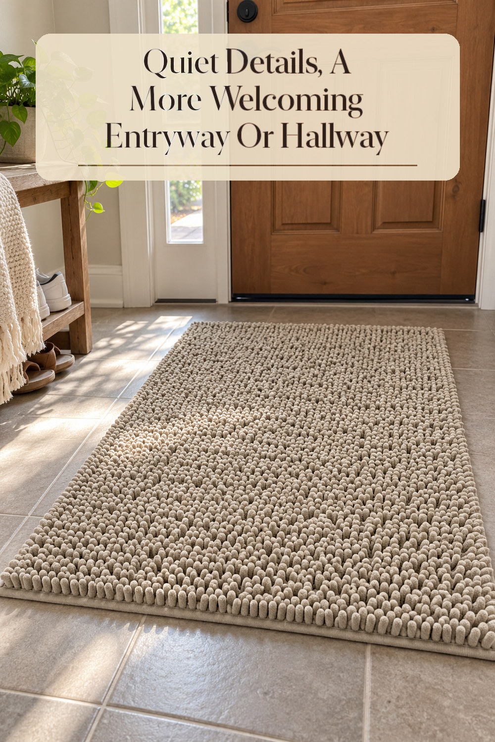A realistic runner rug or doormat used naturally in a softly lit entryway or hallway at home.