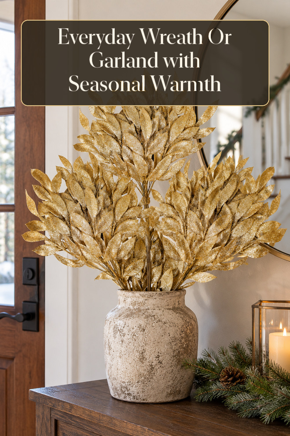 A realistic wreath or garland used naturally in a softly lit entryway or mantel at home.