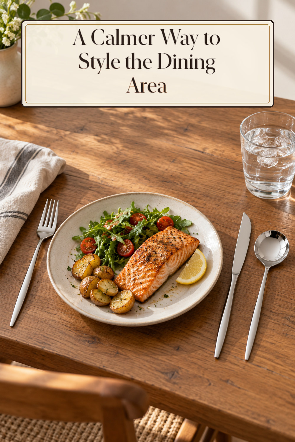 A realistic flatware set used naturally in a softly lit dining area at home.