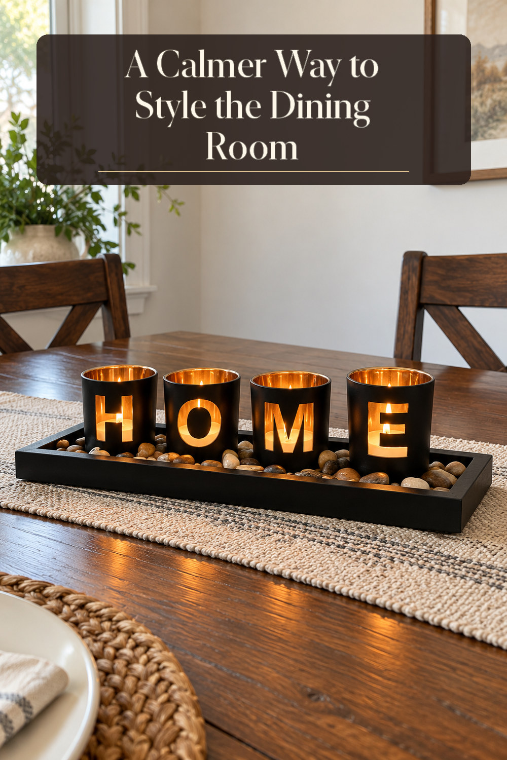 A realistic candle holder used naturally in a softly lit dining room at home.