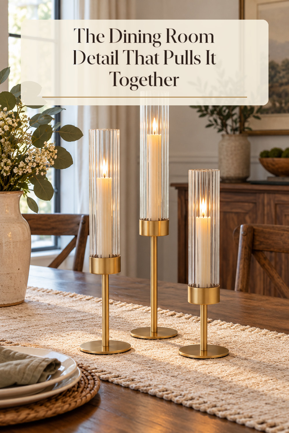 A realistic candle holder used naturally in a softly lit dining room at home.