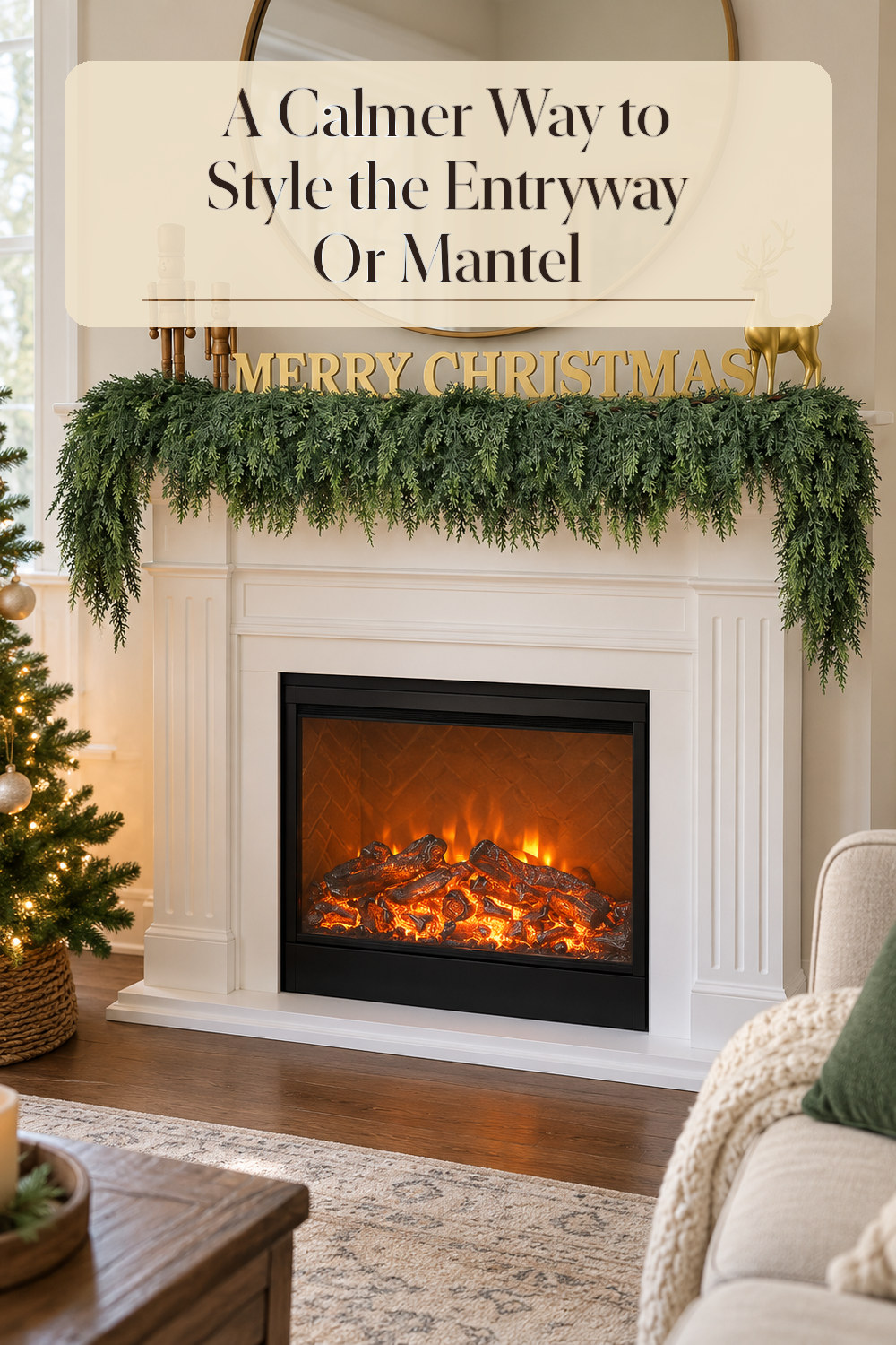 A realistic wreath or garland used naturally in a softly lit entryway or mantel at home.