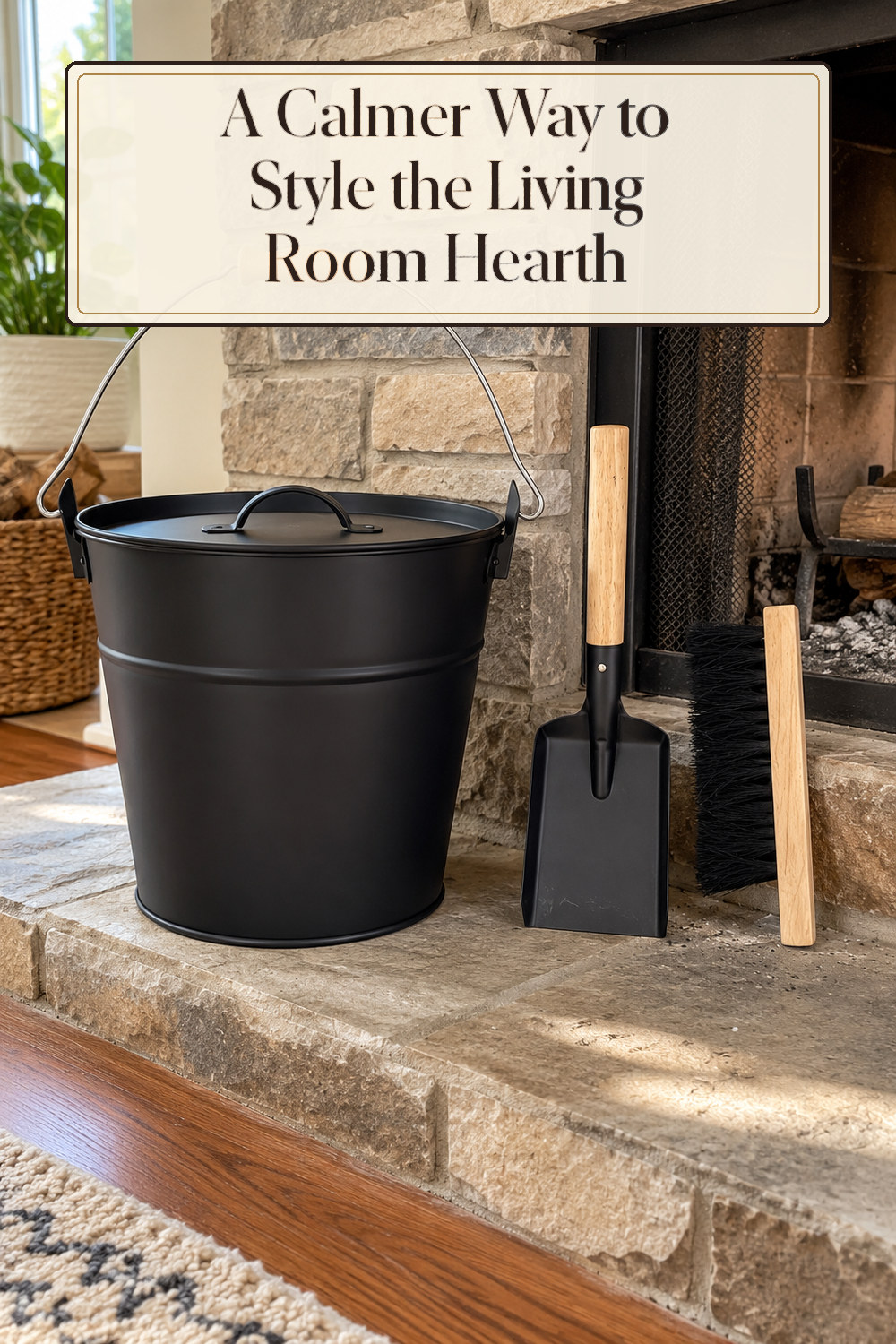 A realistic fireplace accessory used naturally in a softly lit living room hearth at home.