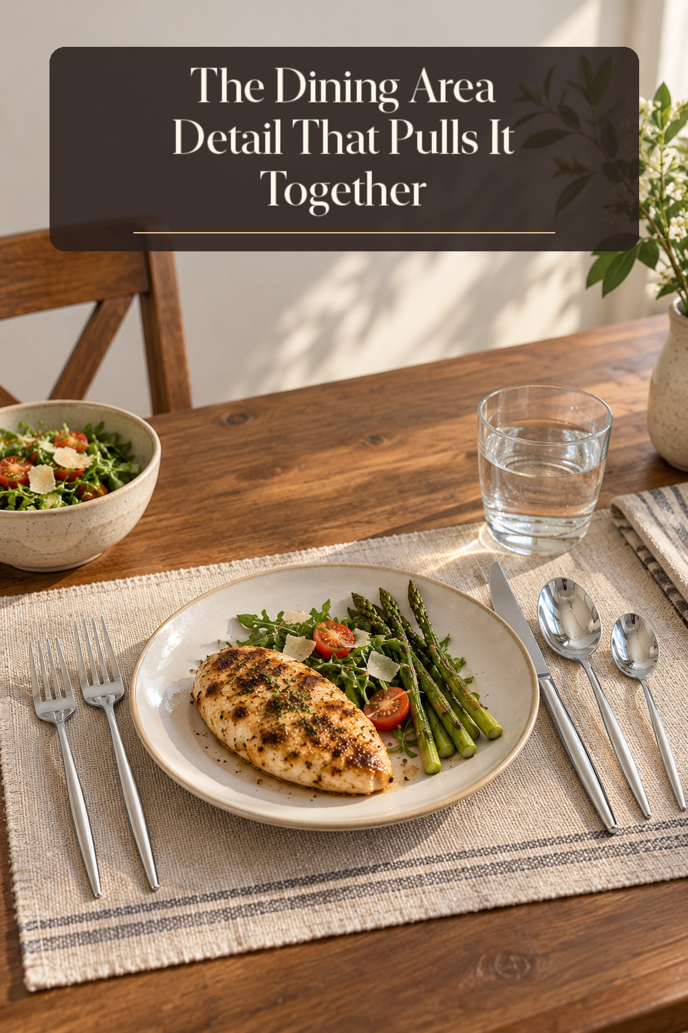A realistic flatware set used naturally in a softly lit dining area at home.