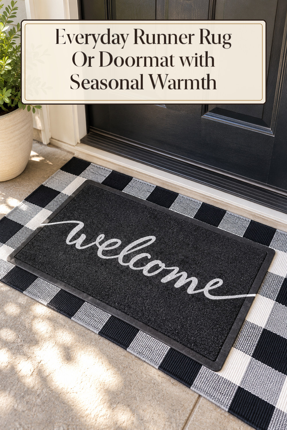 A realistic runner rug or doormat used naturally in a softly lit entryway or hallway at home.