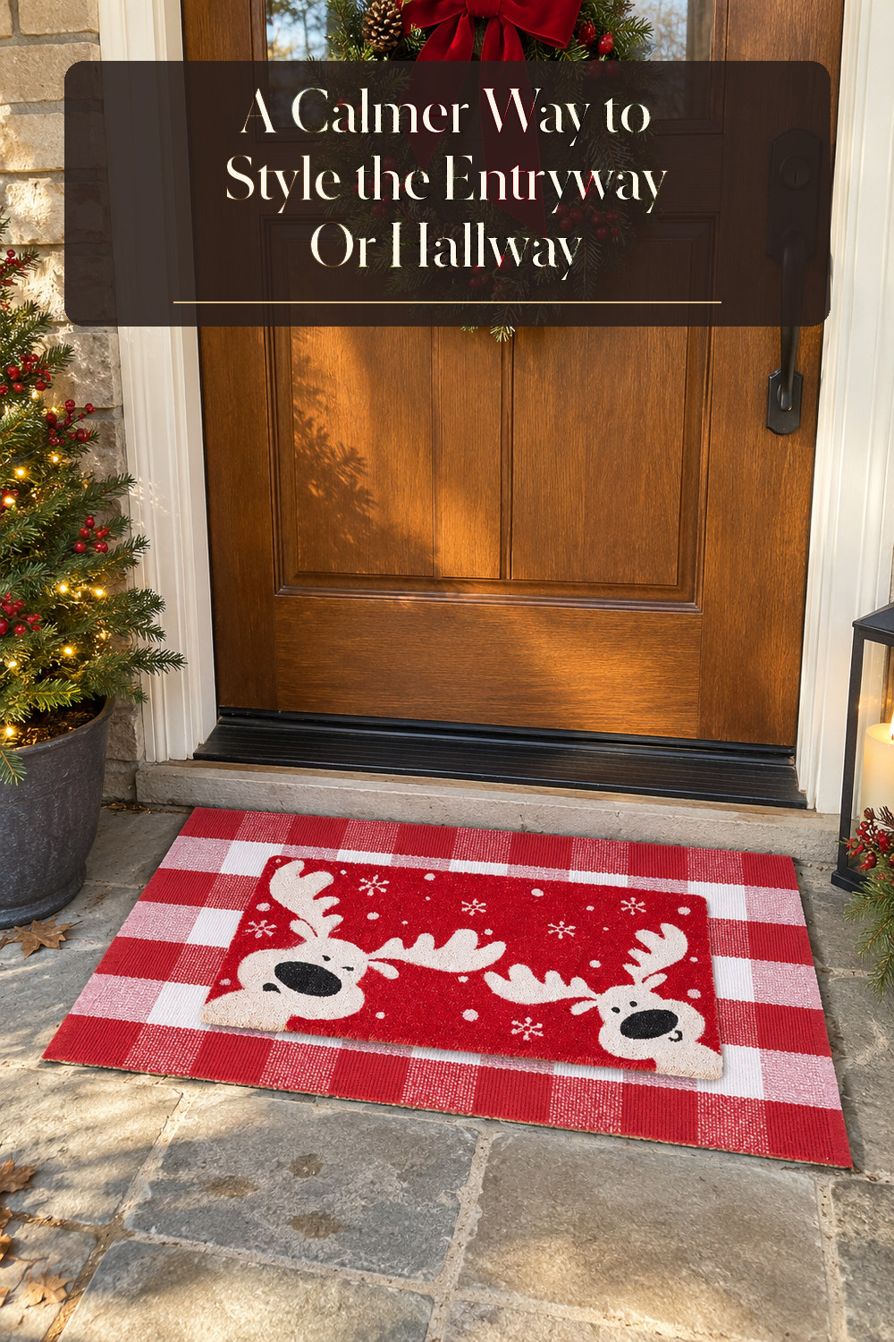 A realistic runner rug or doormat used naturally in a softly lit entryway or hallway at home.