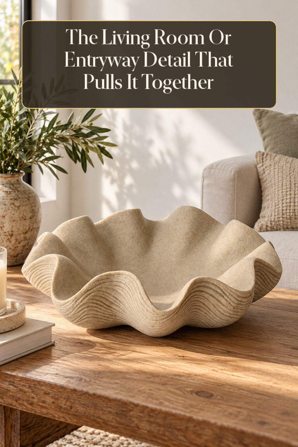 A realistic decorative bowl used naturally in a softly lit living room or entryway at home.