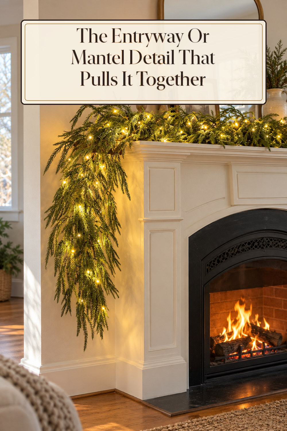 A realistic wreath or garland used naturally in a softly lit entryway or mantel at home.