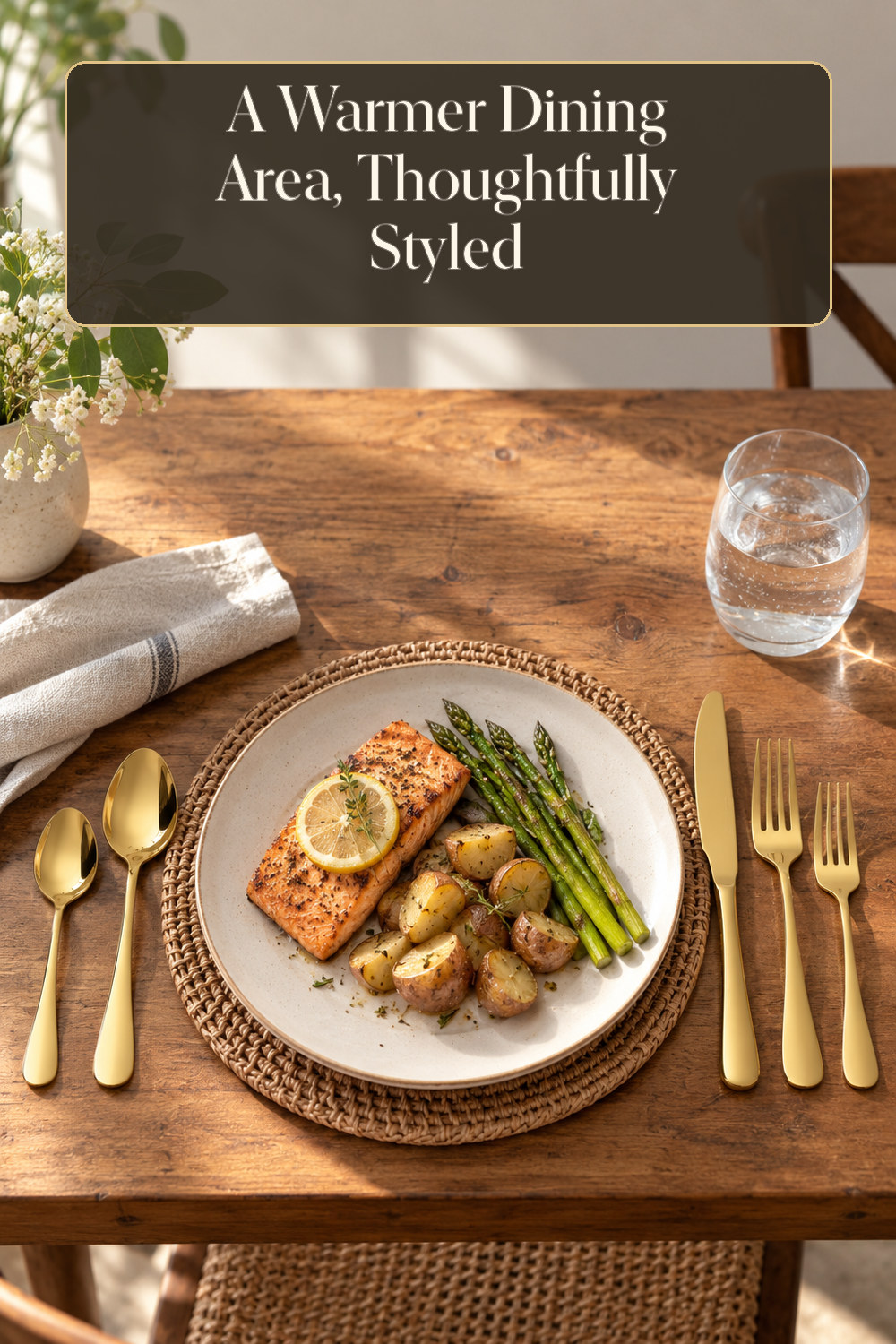 A realistic flatware set used naturally in a softly lit dining area at home.