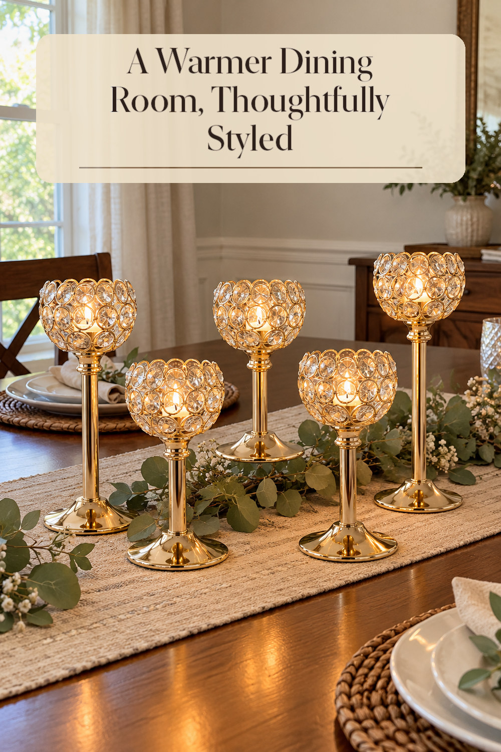 A realistic candle holder used naturally in a softly lit dining room at home.