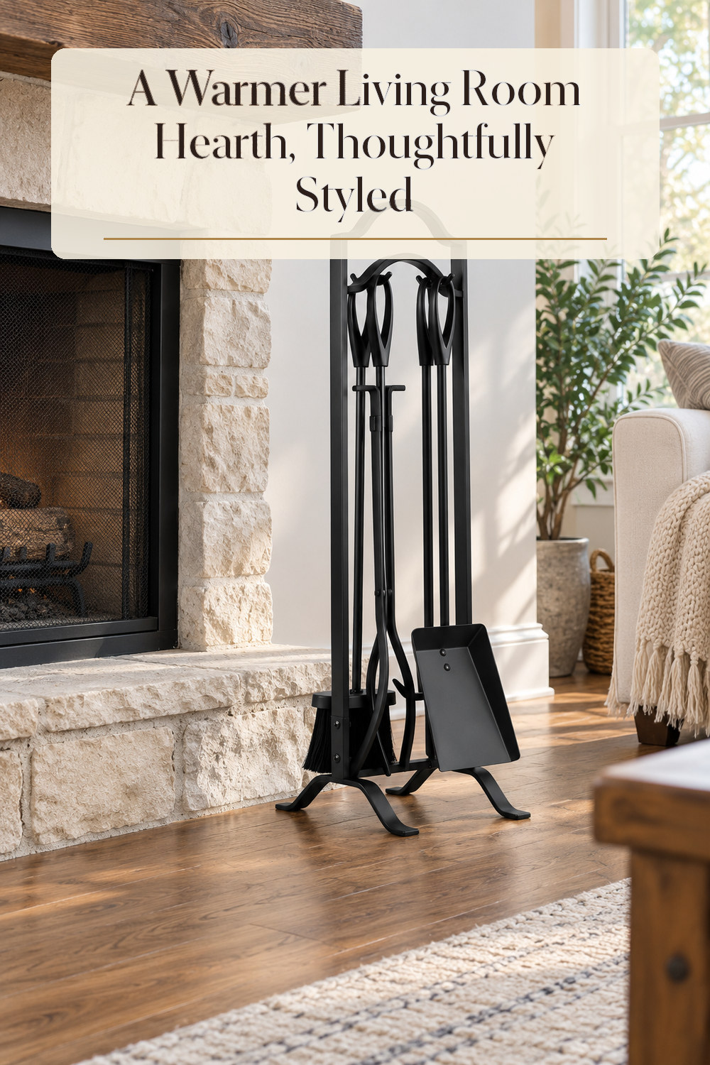 A realistic fireplace accessory used naturally in a softly lit living room hearth at home.