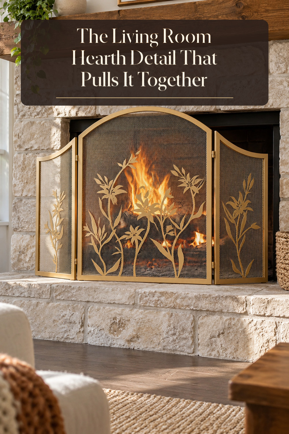 A realistic fireplace accessory used naturally in a softly lit living room hearth at home.