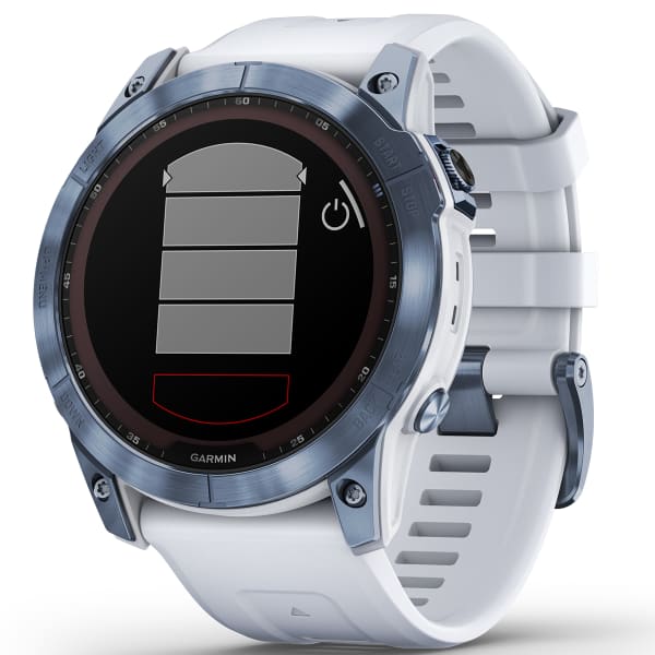 Montre GPS Garmin Fenix 6 Pro Solar Titane Bleue Cobalt Bracelet Blanc.