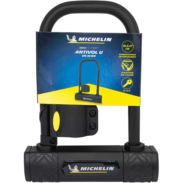 ANTIVOL VELO U MICHELIN 105 x 170mm A CLE EN ACIER NOIR AVEC SUPPORT  FIXATION CADRE - P2R