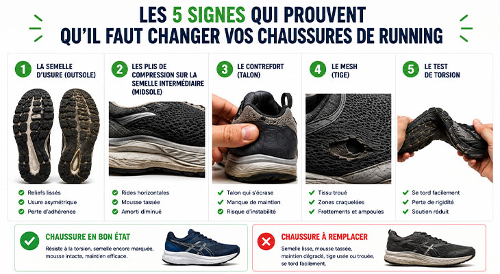 infographie illustrant les 5 signes d'usure d'une chaussure de running : semelle, mesh, contrefort, torsion