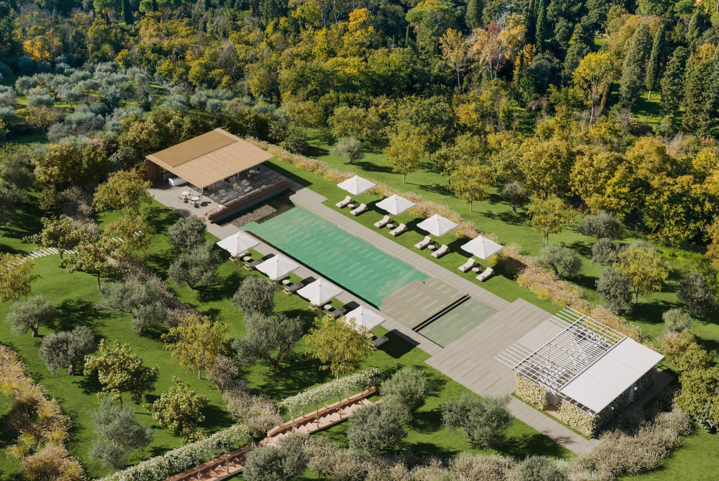 Vue aérienne du domaine de Borgo Pignano Florence et de sa piscine de trente mètres