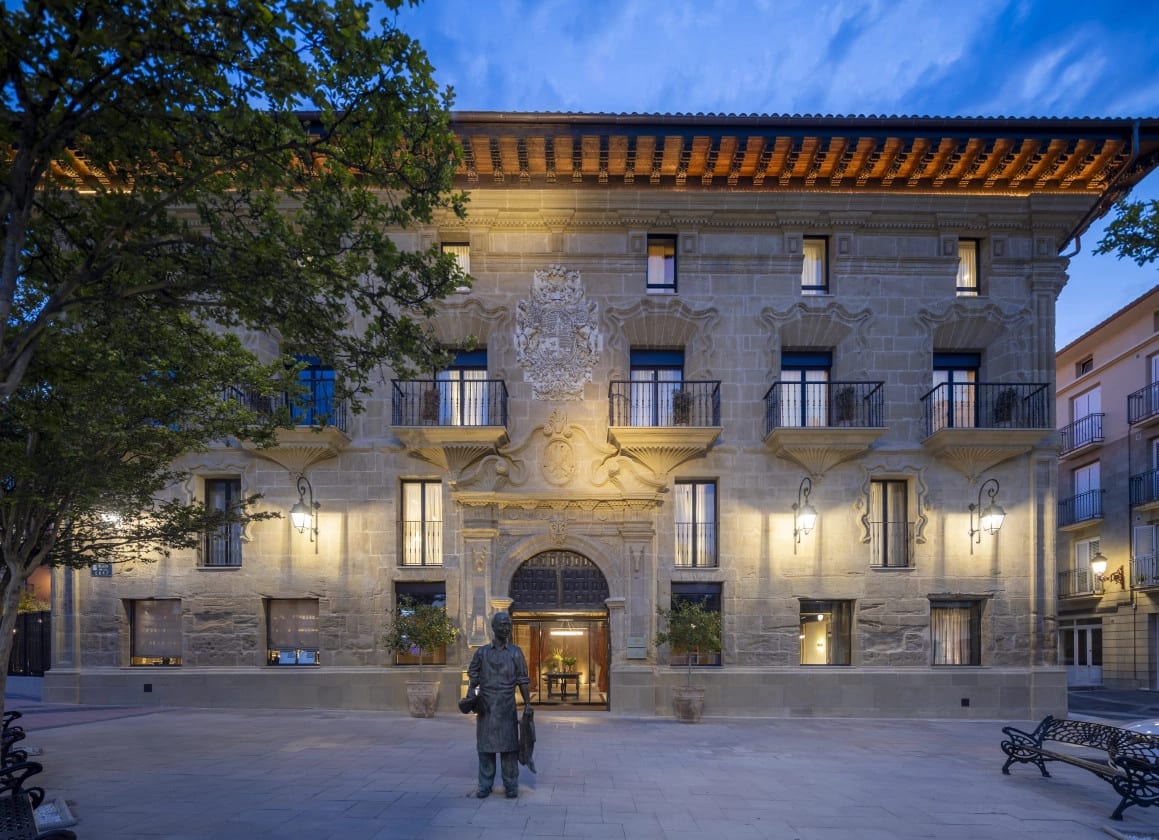 The Baroque façade of Palacio de los Ángeles at blue hour, in Haro