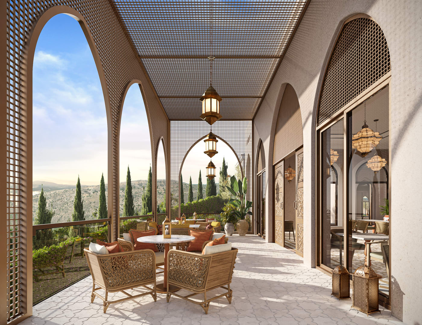 Rendu 3D de la terrasse du restaurant de l'Anantara Retreat Rabat, arches en moucharabieh, lanternes et fauteuils en rotin face aux collines