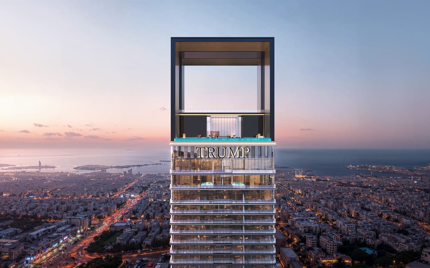 Rendu de la Trump International Hotel & Tower Dubai, tour de 80 étages au crépuscule