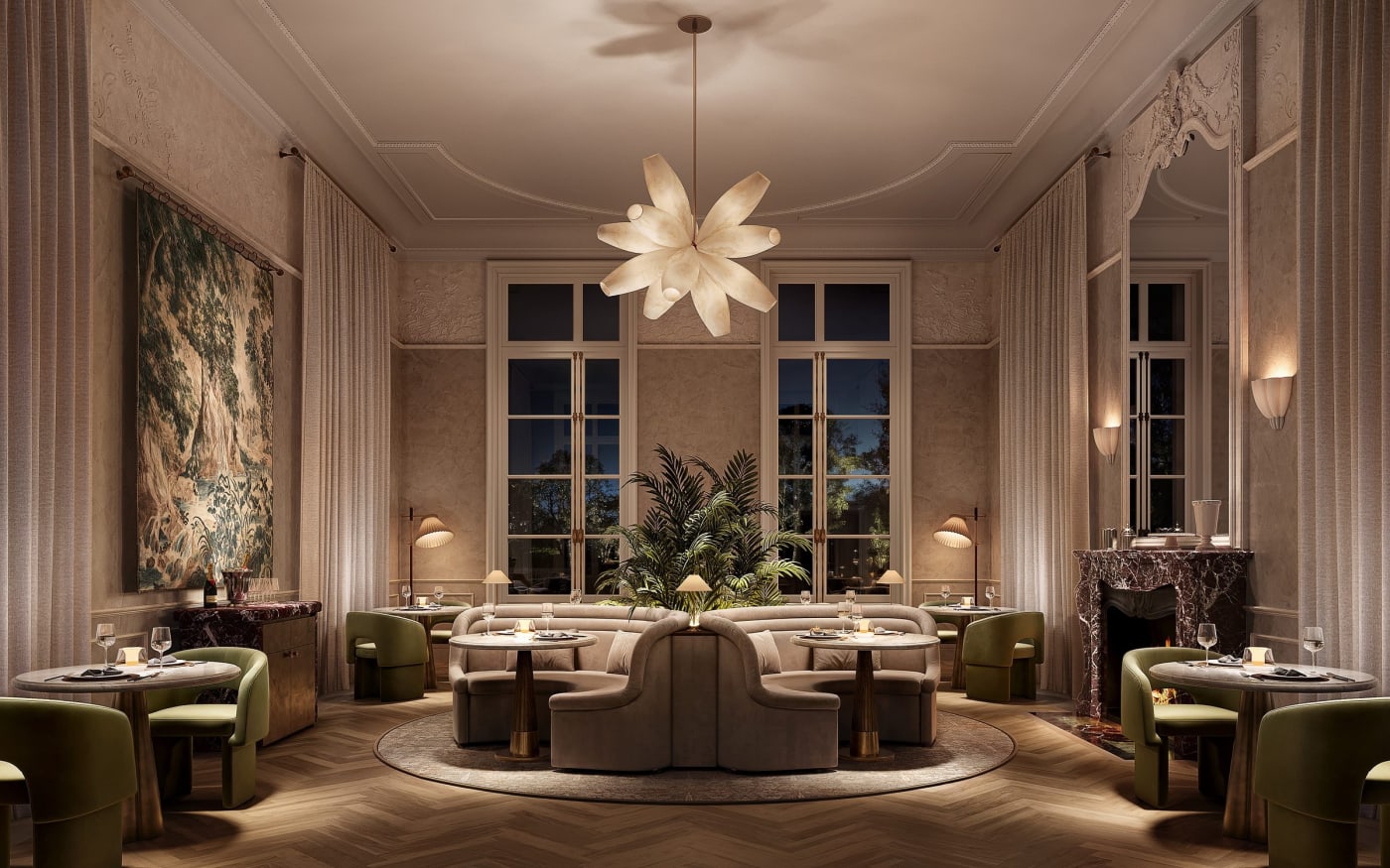 Rendering of the château restaurant at the Six Senses Loire Valley, with a floral chandelier and tapestry