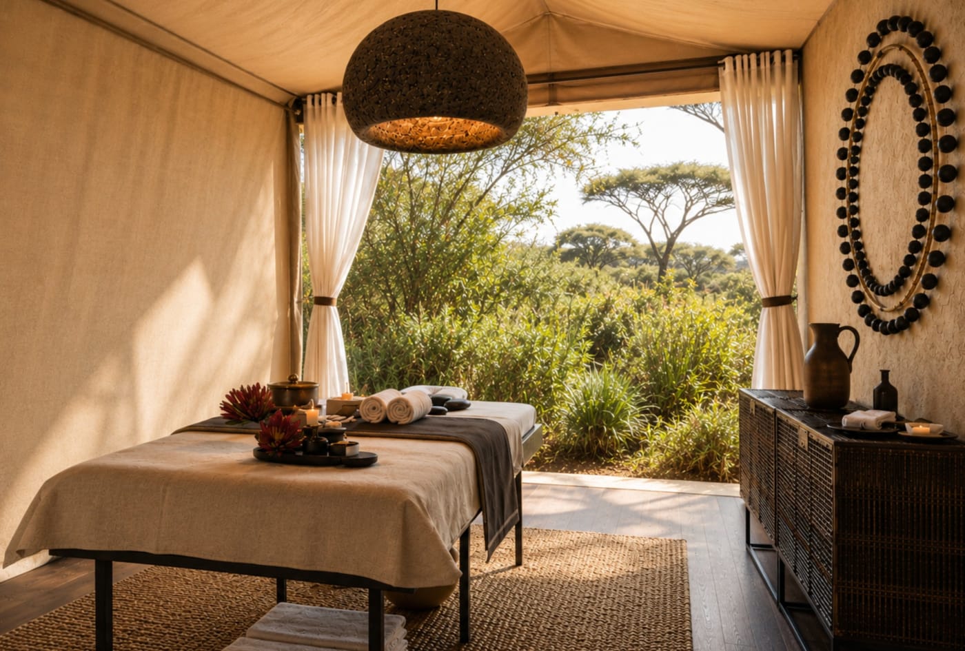 Cabine de soin du Mereshi Spa ouverte sur la brousse, Mereshi Safari Camp Serengeti (rendu)