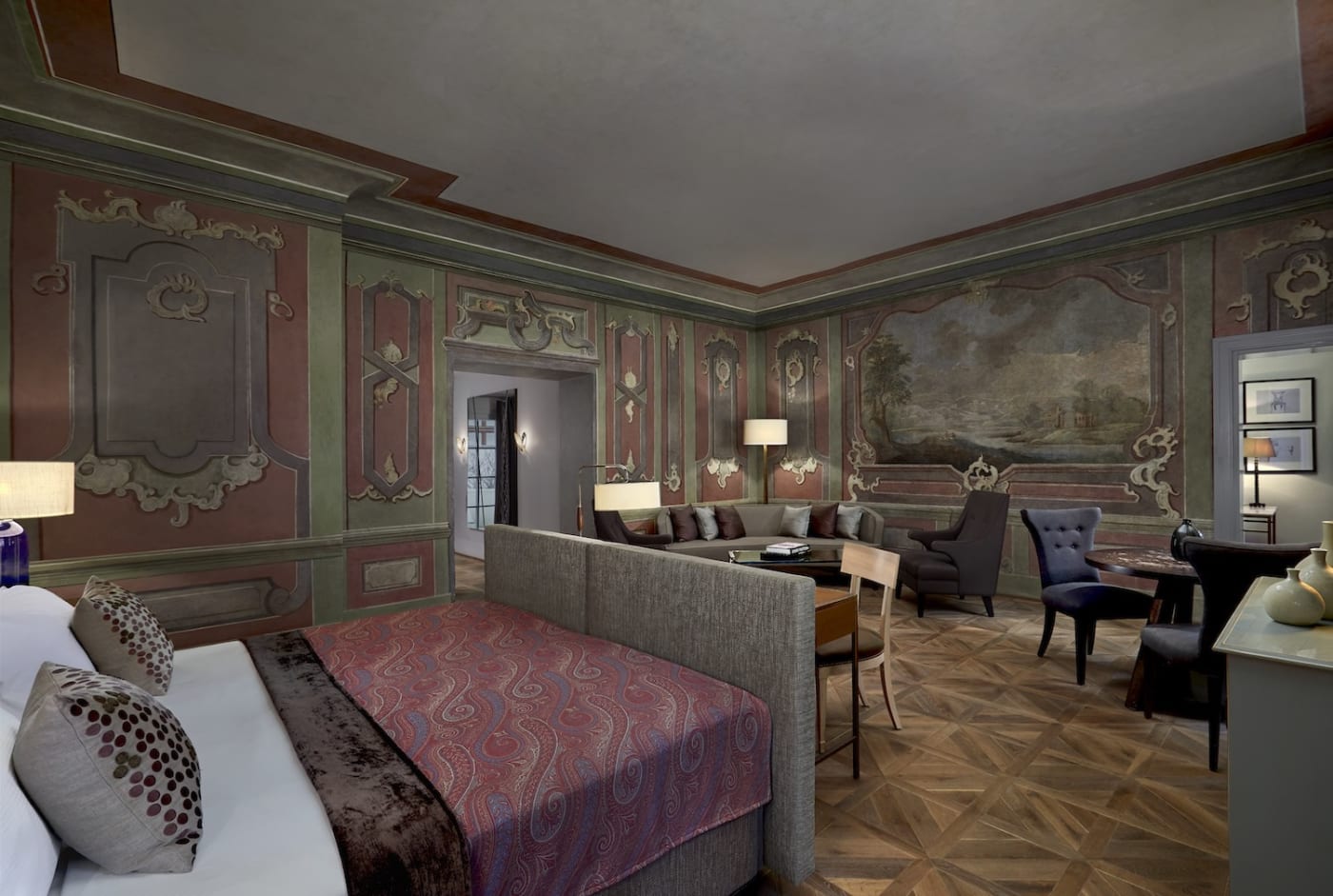 Suite with fresco-painted walls at the Augustine Hotel, Prague