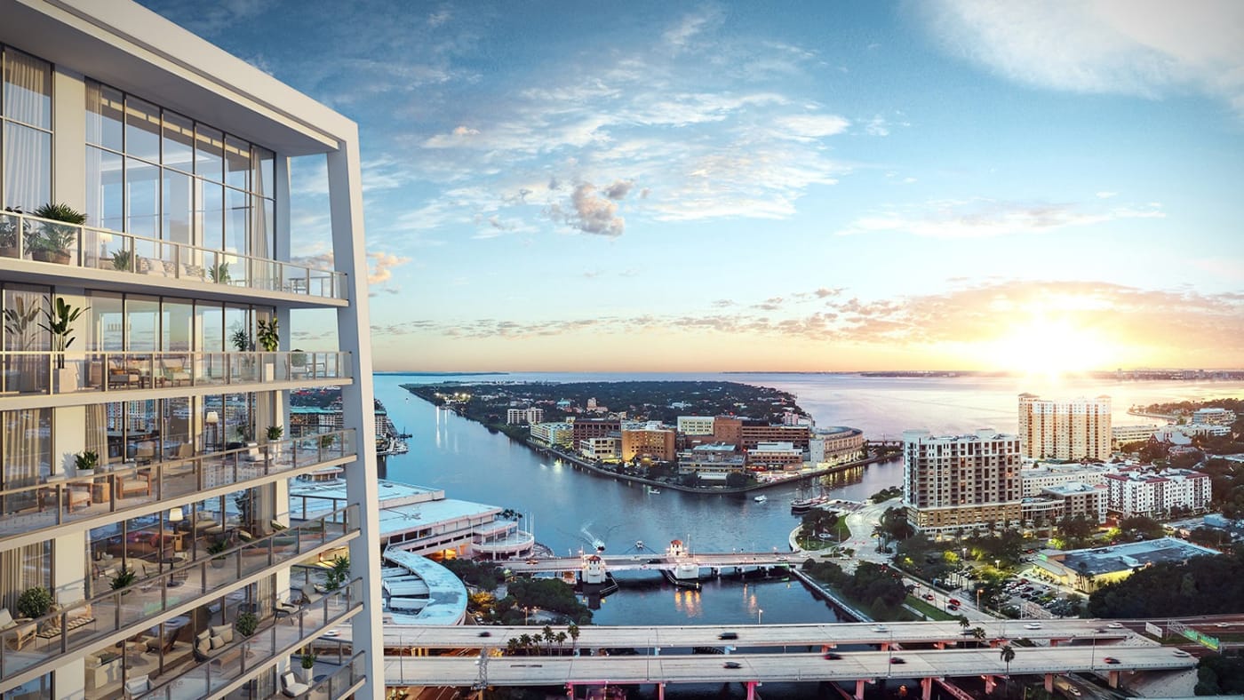 Rendu des terrasses privées de Pendry Residences Tampa avec vue sur la baie de Tampa