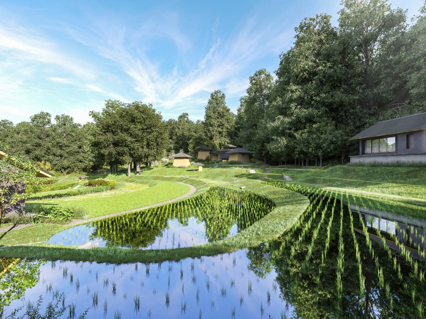 Rendering of the terraced garden at the Hoshinoya Asuka resort, flooded rice paddies and suites at the edge of the forest