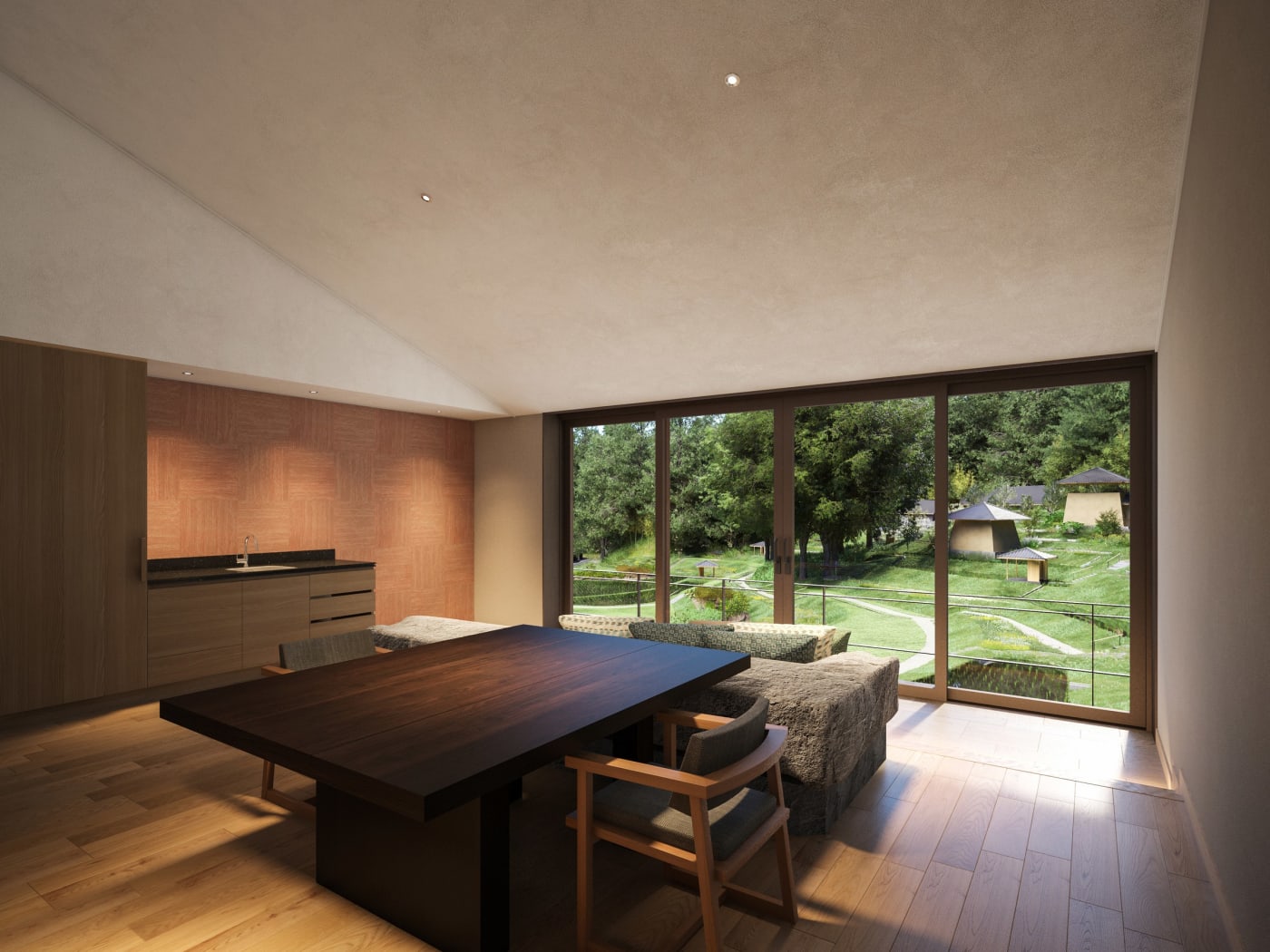 Rendering of a suite at the Hoshinoya Asuka resort, dark wood table and large picture window onto the garden