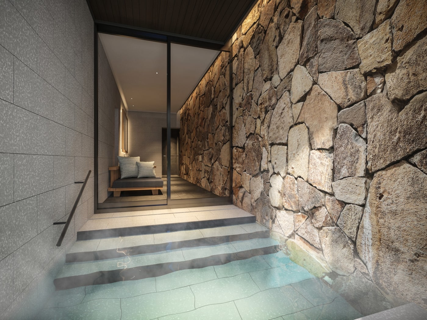 Rendering of the stone chamber bath in an Akane suite at the Hoshinoya Asuka resort