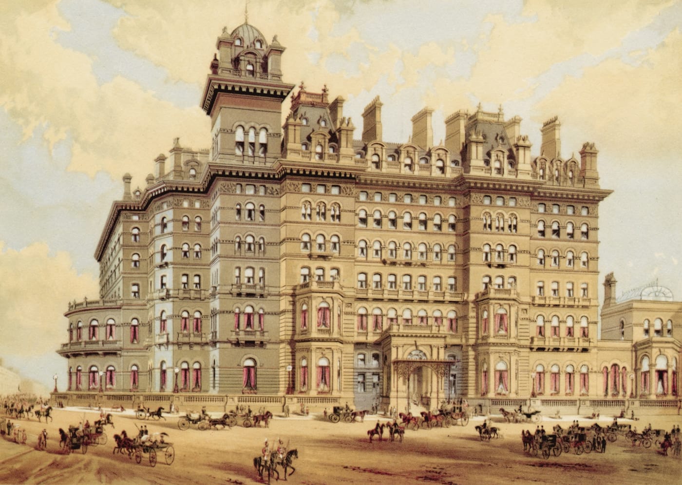 Grabado antiguo del Langham de Londres, con carruajes ante la fachada, en su inauguración en 1865