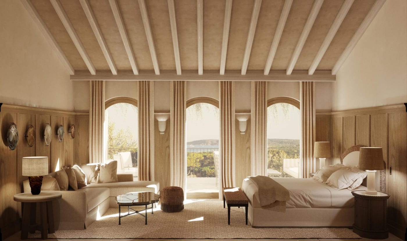 Rendu d'une chambre deluxe du Mas Bellevue à Saint-Tropez, poutres claires, boiseries et trois fenêtres en arc ouvertes sur la mer